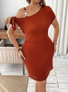 Calvaya Plus Size Solid Color Textured Dress With Metal Decoration And Asymmetric Collar - Rust Brown - View 3