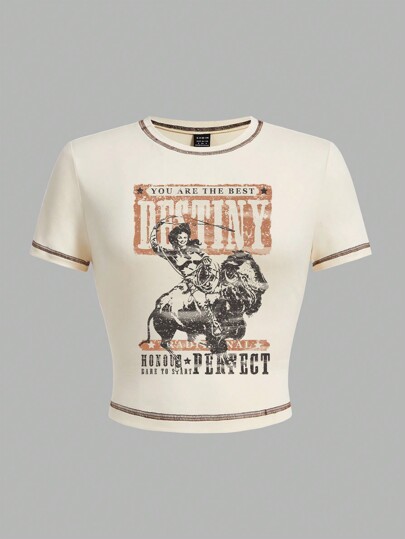 SHEIN EZwear 休闲复古女牛仔图案圆领短袖短款上衣 T 恤女士夏季你是最好的命运传统荣誉完美敢于开始