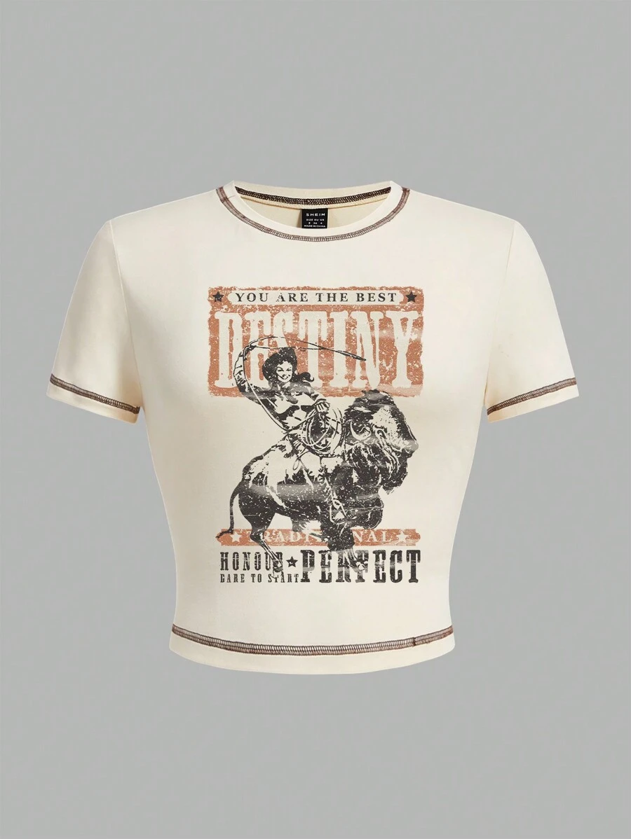 SHEIN EZwear Maglietta a maniche corte con scollo tondo, stile casual retrò con motivo cowgirl, per donne, estate. TU SEI IL MIGLIOR DESTINO, TRADIZIONALE, ONORE, PERFETTO, OSATE INIZIARE
