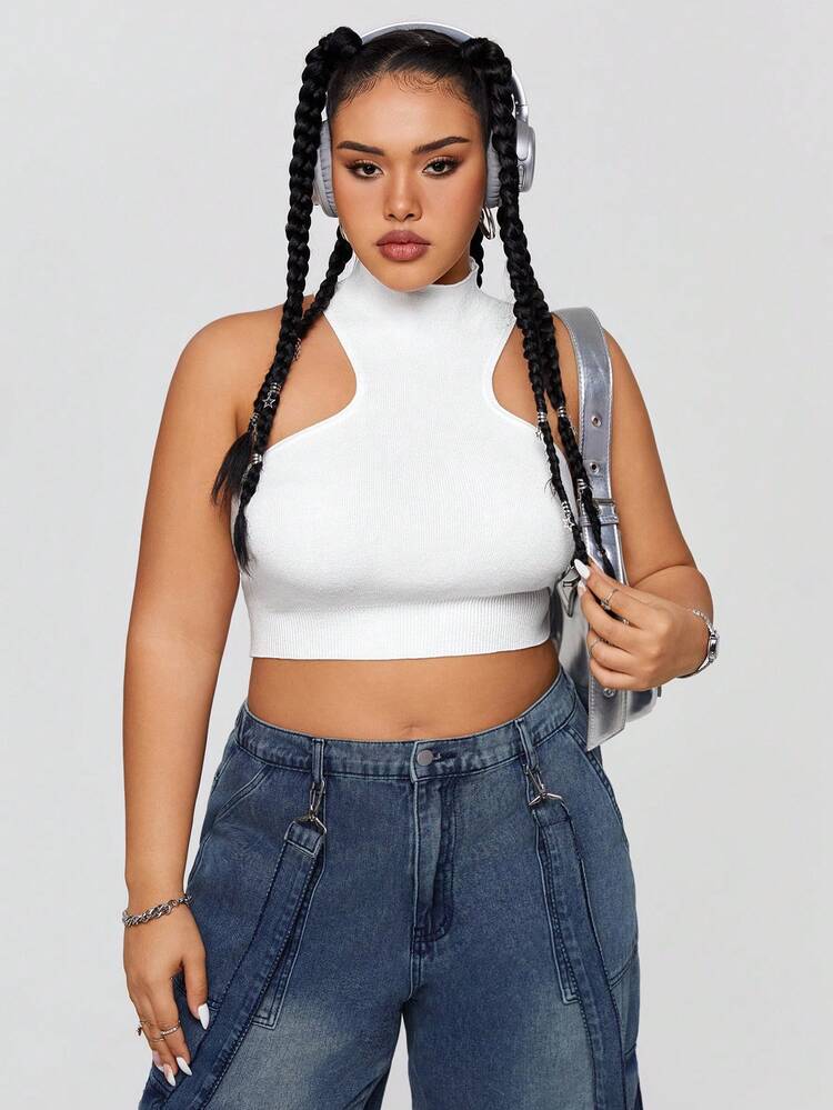 Plus Size Bodycon Knitted Hollow Out Sleeveless Top