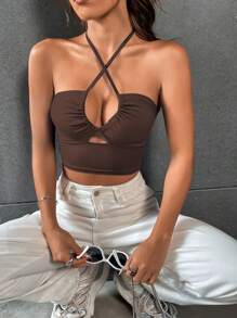 VaVaBold Top Corto Para Mujer Con Cuello Halter Y Corte En La Espalda - Marrón - Ver 6