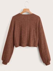 SHEIN Privé 女士扭紋細部圓領長袖上衣 - 棕色 - 查看 2