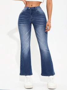 SHEIN PETITE Vaqueros Acampanados Lavados Con Bolsillos Diagonales