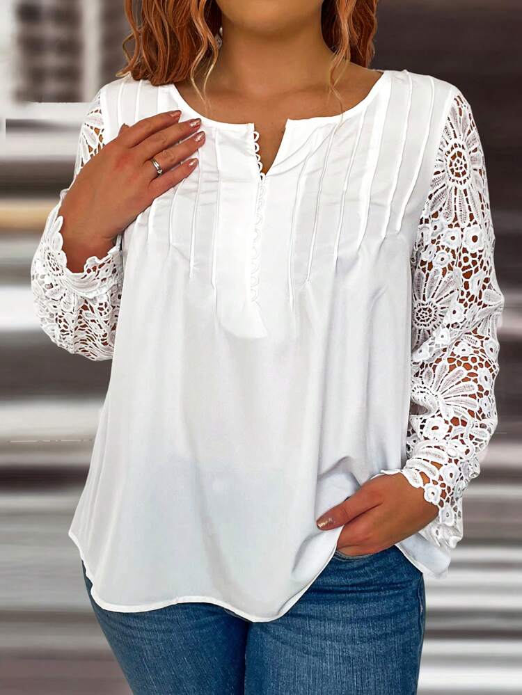 Women's White Lace Spliced Top Fall Cloth For Women