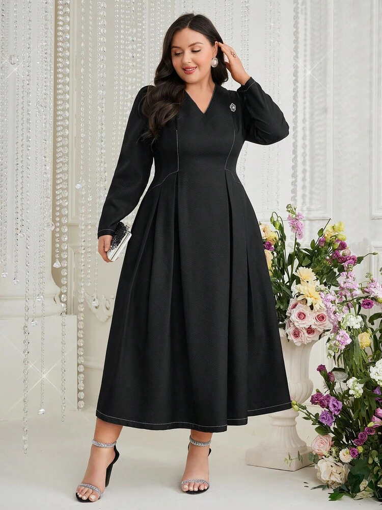 Plus Size Puff Sleeve Pleated Dress With Diamond Flower Decoration Long Evening Dresses