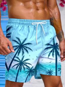 Manfinity Heren strandshorts met kokosnootboom- en oceaanlandschap, bedrukt met grafische print, voor strand, vakantie en Hawaii