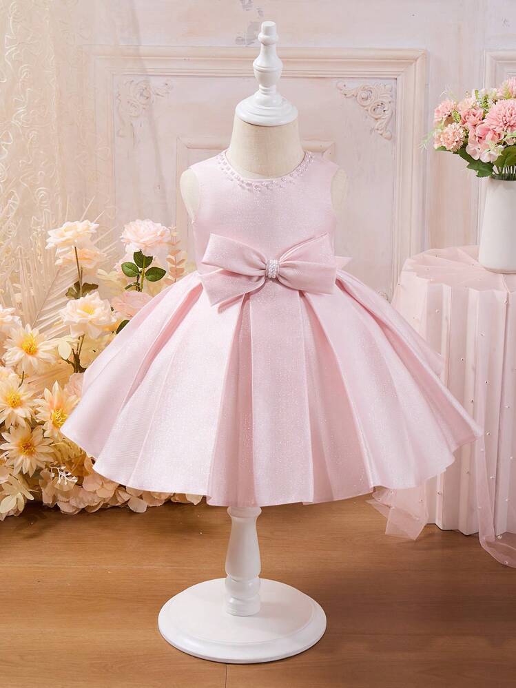 SHEIN Glamorique Kids Vestido de Princesa Elegante Feito à Mão com Aplicações de Contas para Bebê Menina, Adequado para Festas à Noite, Galas, Aniversários - Rosa chiclete - Visão 4