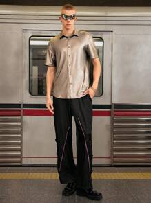 Manfinity VCAY Men's Color Block Zipper Designed Woven Casual Trousers - Black - View 4