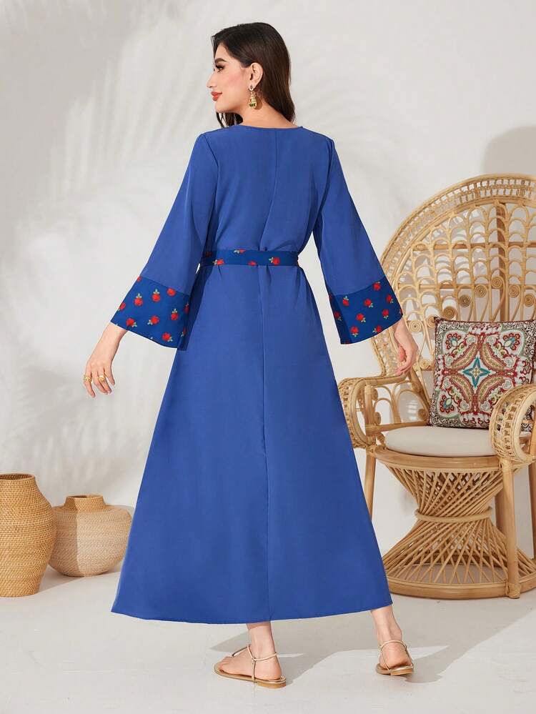 Flower Print Flared Sleeve Arabian Dress