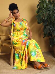 Slaydiva Plus Size Summer Tropical Print Tie Waist Hawaiian Dress - Yellow - View 6