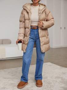 EURMUSE Solid Zip Up Hooded Puffer Coat - Khaki - View 6