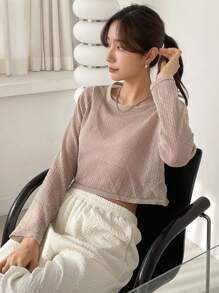 DAZY 女式纯色薄款长袖圆领短款毛衣透明秋季服装 - 卡其色 - 查看 6