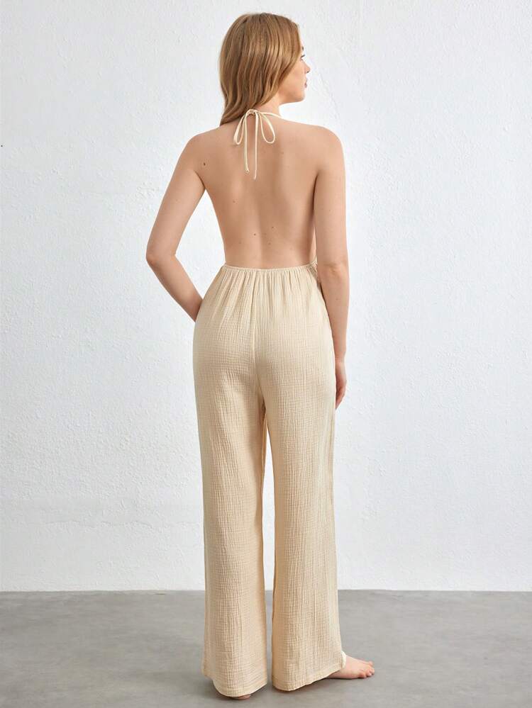 Leisure Backless Halter Neck Jumpsuit For Home Wear