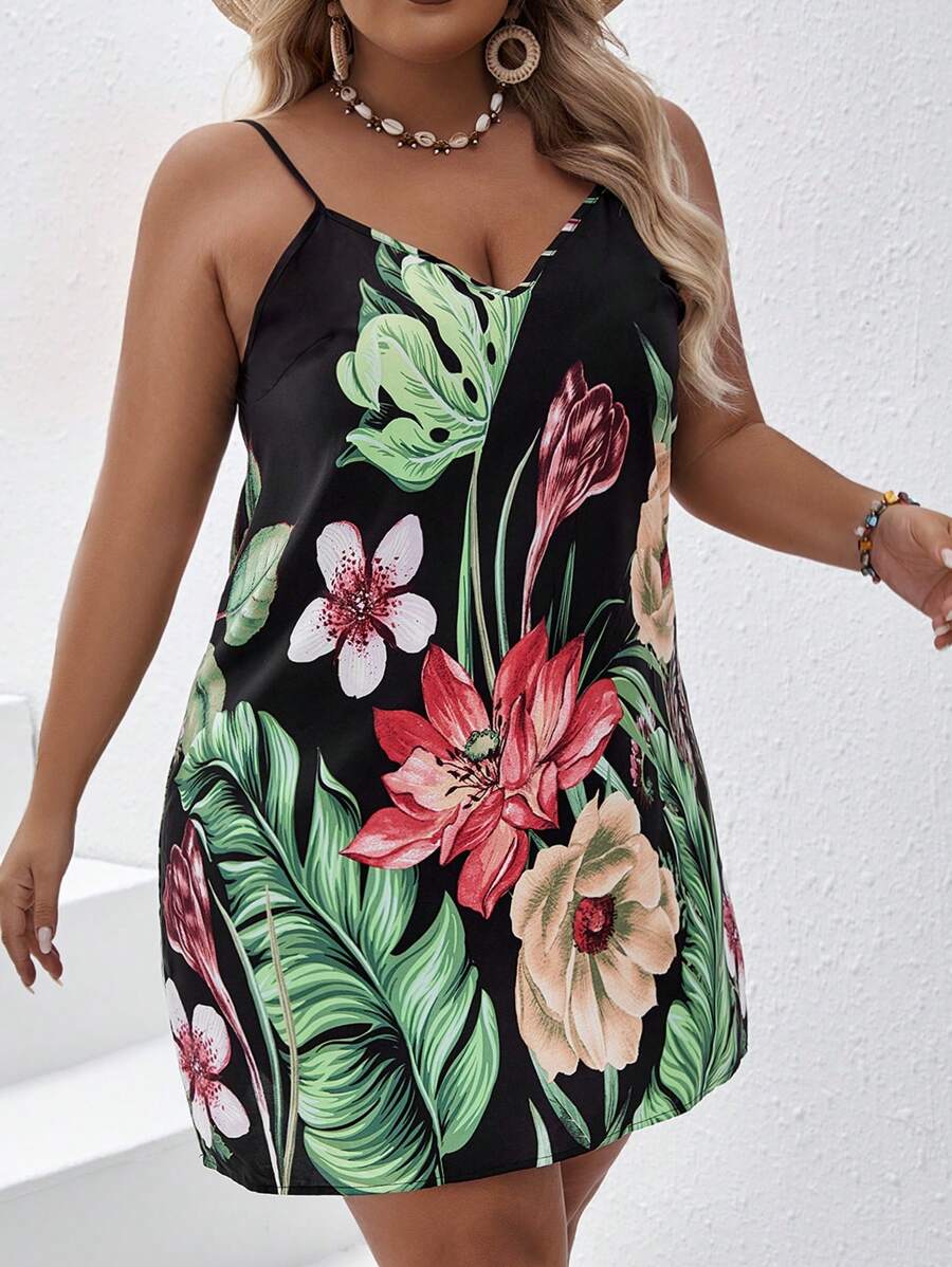 SHEIN VCAY Váy dây mảnh in họa tiết cây nhiệt đới mùa hè Boho cỡ lớn - Nhiều màu - Xem 1