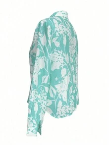 Nueva Camisa De Lino De Manga Larga Y Amigable Con La Piel Para Mujer, Impresa Con Cuello Vuelto Y Ajuste Relajado, Ideal Para Primavera Y Otoño - Azul menta - Ver 3