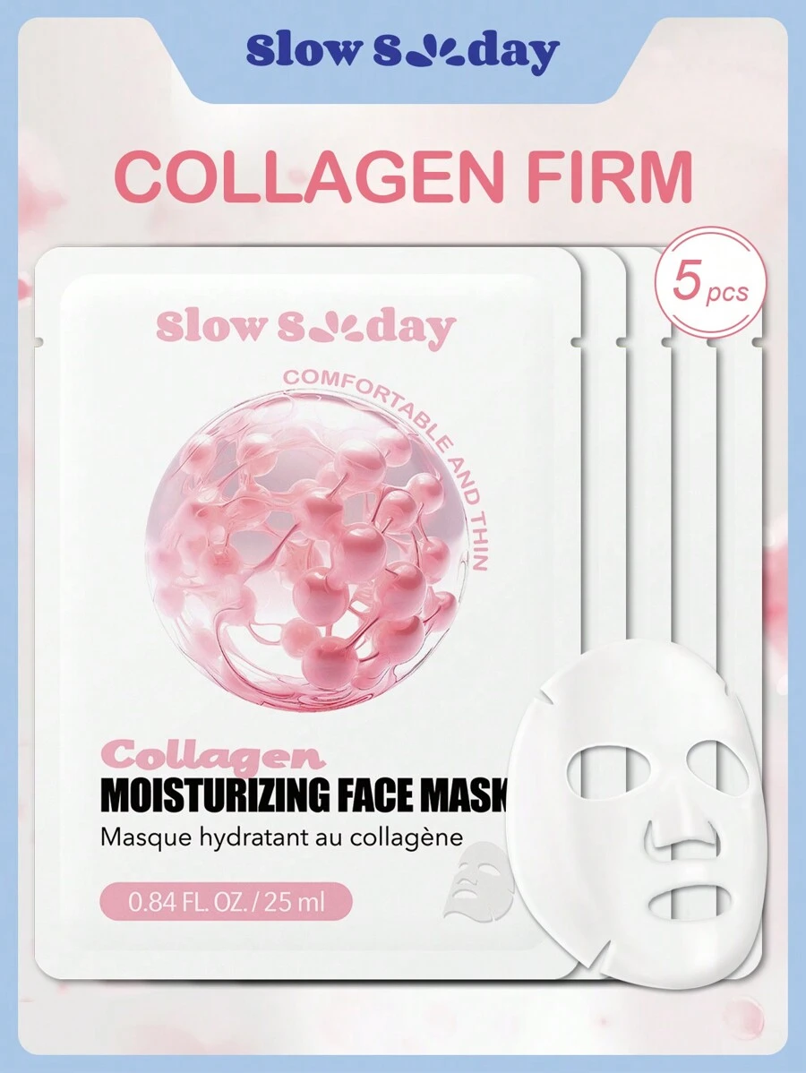 SlowSunday Collagen Moisturizing Face Mask 5 Pack, Hydrates And Nourishes, Deeply Hydrates And Soothes Skin, K Beauty, Korean Skin Care, For Winter, Y2K, New Year, For Valentine's Day, Valentines Gift, Valentines Day Gift, Ideal For Party - White - View 1