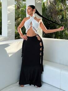 SHEIN SXY Holiday Spring Summer Seaside Vacation Style Clothing Side Seam Lace-Up Fishtail Long Skirt For Women - Black - View 3