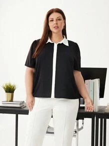 BizChic Plus Size Color Block Turn Down Collar Short Sleeve Casual Shirt - Black and White - View 4