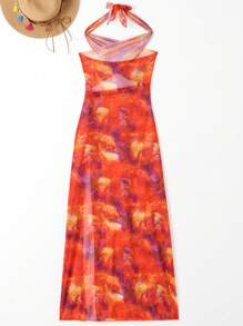 Swim Vcay Summer Women's Tie-Dye Halter Neck Hollow Out Detail Pleated Slit Fashion Cover-Up (Random Print) Valentine