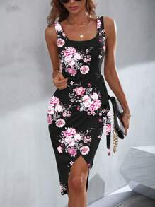 SHEIN Clasi Đầm Maxi Không Tay In Hoa Không Đối Xứng Cho Nữ Trang Phục Nữ - màu đen - Xem 3