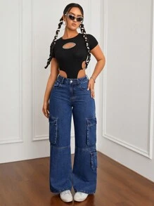 SHEIN ICON 純色插袋牛仔褲 - 中等水洗藍 - 查看 4