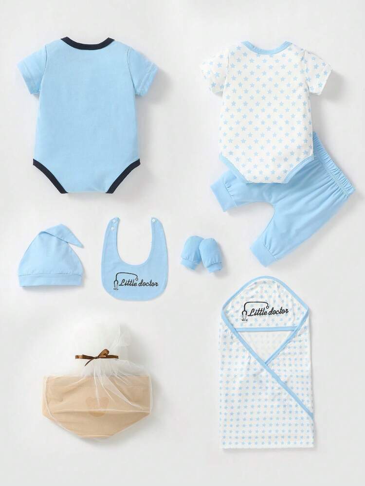 Newborn Baby Boy Month Celebration Gift Box Set Including Printed Short Sleeve Bodysuits, Pants And More, Cute And Comfortable For Daily Wear, Spring & Summer