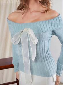 Hauture 女士織毛修身款露肩毛衣,帶有蝴蝶結細節