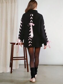 Hauture Women Ribbon Tied Pullover Sweater - Black - View 2