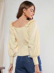 Hauture Solid Elegant Frill Ruffle Lantern Sleeve Sweater
