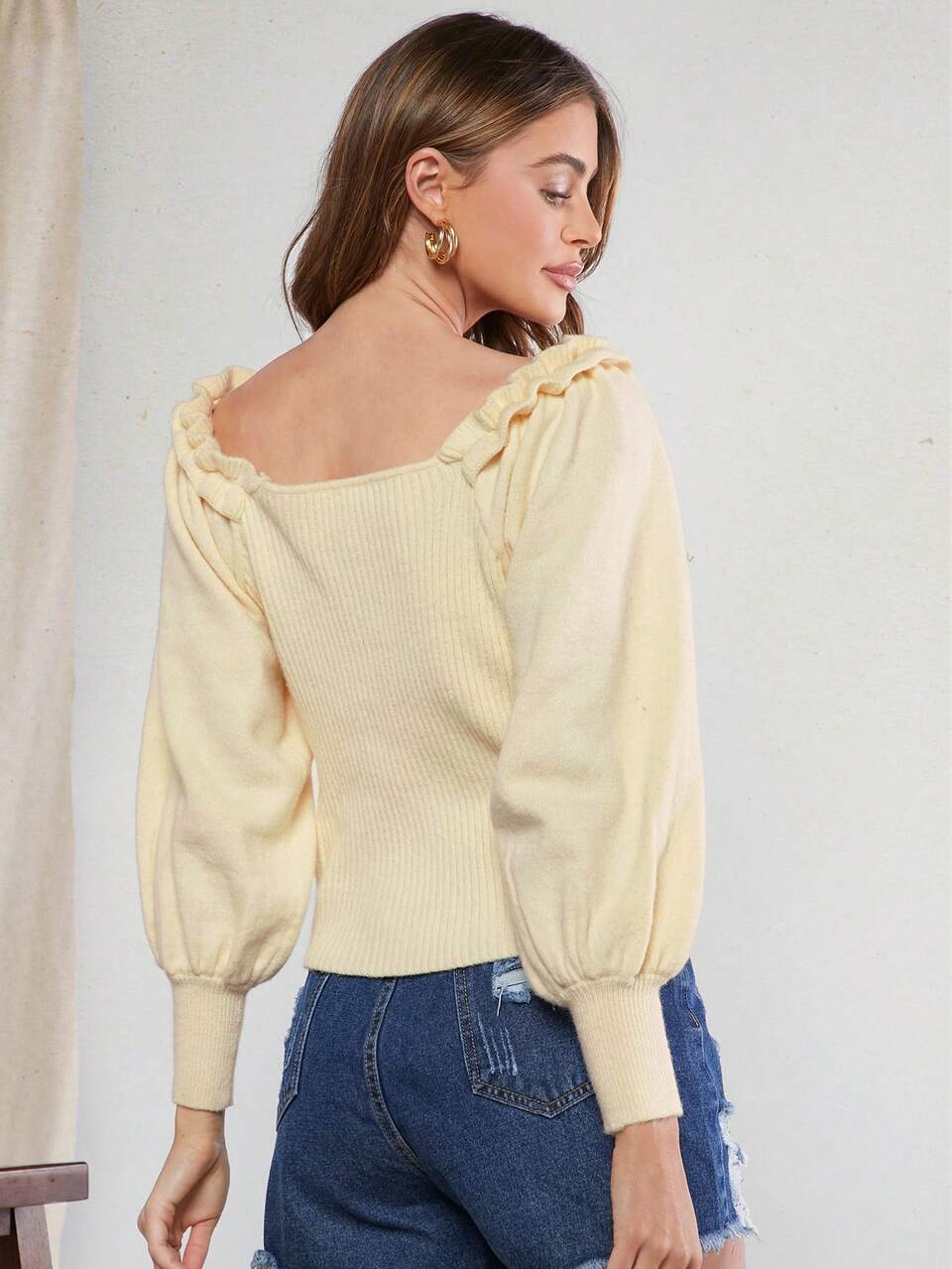 Solid Elegant Frill Ruffle Lantern Sleeve Sweater