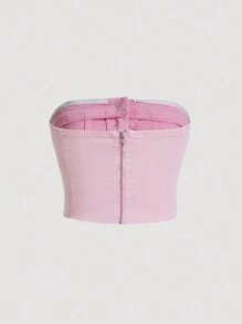 SHEIN EZwear Plus Size Denim Strapless Top With Flap Detail And Button Front - Pink - View 2