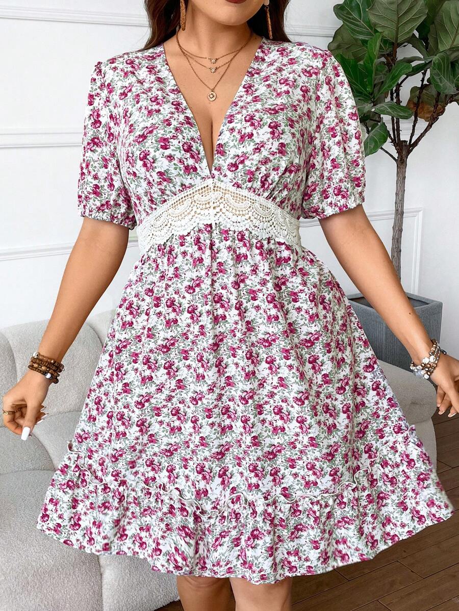 SHEIN Clasi 大碼女士花卉印花蕾絲拼接腰帶連衣裙 - 白色 - 查看 1