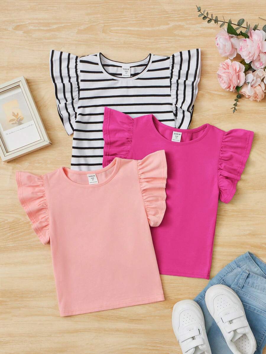 SHEIN 3pcs/Set Young Girls' Casual Comfortable Ruffled Edge T-Shirt, School, Campus, College - Hot Pink - View 1