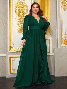 YISIKADO Đầm dạ hội thanh lịch cỡ lớn dành cho nữ, chất liệu chiffon, với ren 3D và tay áo phồng, cổ chữ V, thắt lưng, thích hợp cho tiệc cưới, lễ tốt nghiệp, tiệc tối, hoặc ngày Valentine mùa xuân. - Màu xanh lá cây đậm - Xem 2