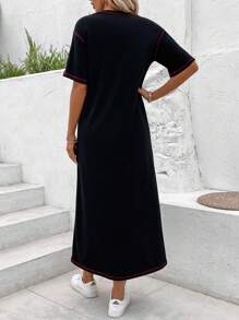 SHEIN LUNE Vestido Con Hombros Caídos Y Costuras En Contraste - Negro - Ver 2