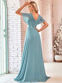 EVERPRETTY Elegant V-Neck Ruffle Butterfly Sleeve Blue Bridesmaid Dress, Guest Dress For Spring Semi-Formal Occasions Like Wedding, Birthday Party, Graduation, Valentine's Day - Blue - View 3