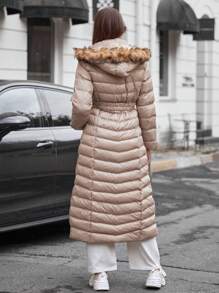 EURMUSE Fuzzy Trim Hooded Puffer Coat - Beige - View 2
