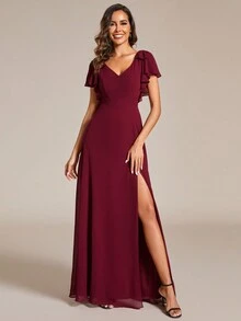 Szyfon Rozcięcie na udzie Karbowane wykończenie Kokardy na ramionach Sukienka druhny - Burgund - Zobacz 5