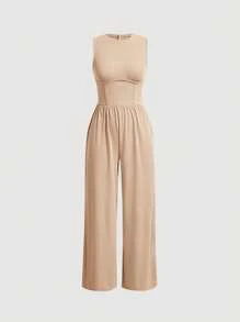 SHEIN MOD Women's Solid Color Sleeveless Round Neck Jumpsuit - Apricot - View 1
