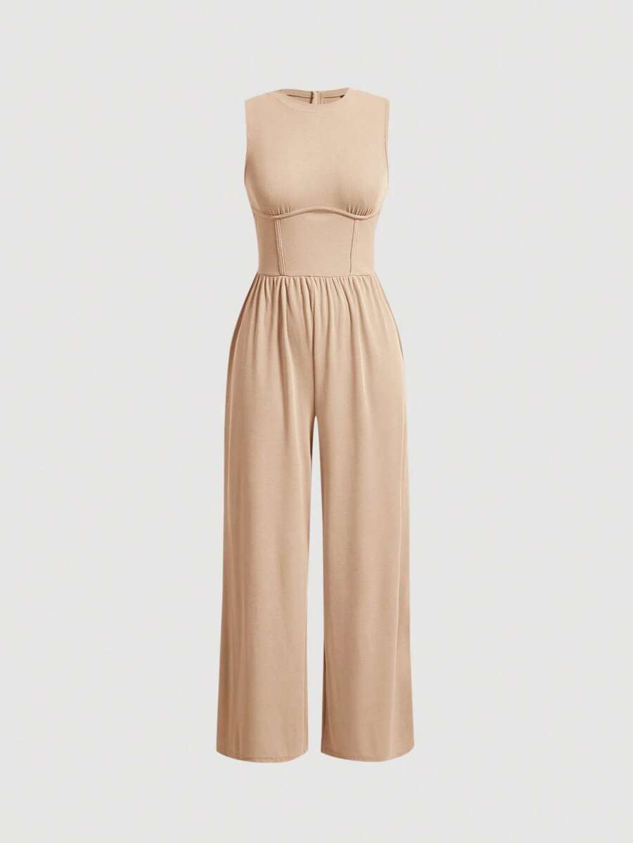 SHEIN MOD Women's Solid Color Sleeveless Round Neck Jumpsuit - Apricot - View 1