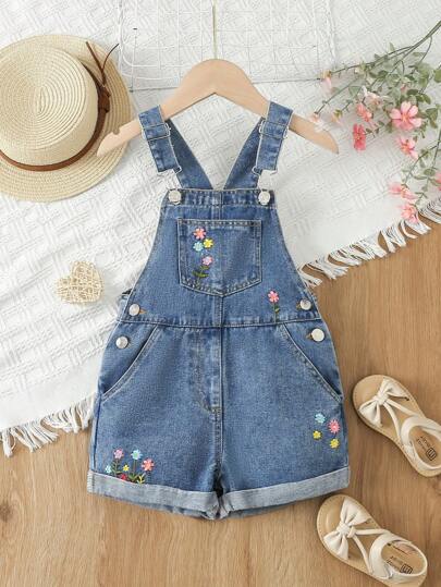 SHEIN Vintaside Kids Ung Tjejer Daglig Fashionabel Och Söt Blommiga Broderier Denimoveraller Shorts