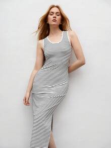 BizChic 女士條紋經典圓領無袖連身裙,側面有開衩 - 黑與白 - 查看 8