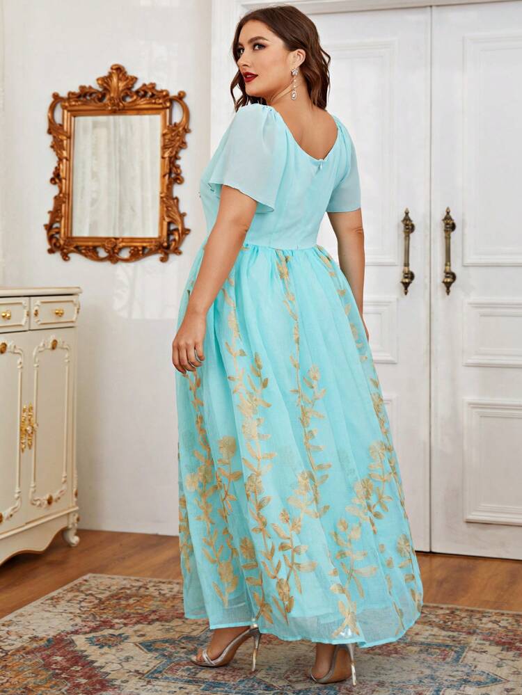 Plus Size Embroidery Detail Flare Sleeve Mesh Overlay Dress, Comfortable, Elegant, Gorgeous, And Conservative For