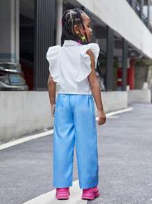 SHEIN Young Girl's Solid Color Ruffle Edge Top And Jeans Like Heart Letter Print Long Pants Two Piece Set - White - View 2