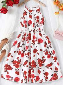 Cô gái Hoa hồng In Dây đeo Mì Ý  Đầm - Đỏ - Xem 1