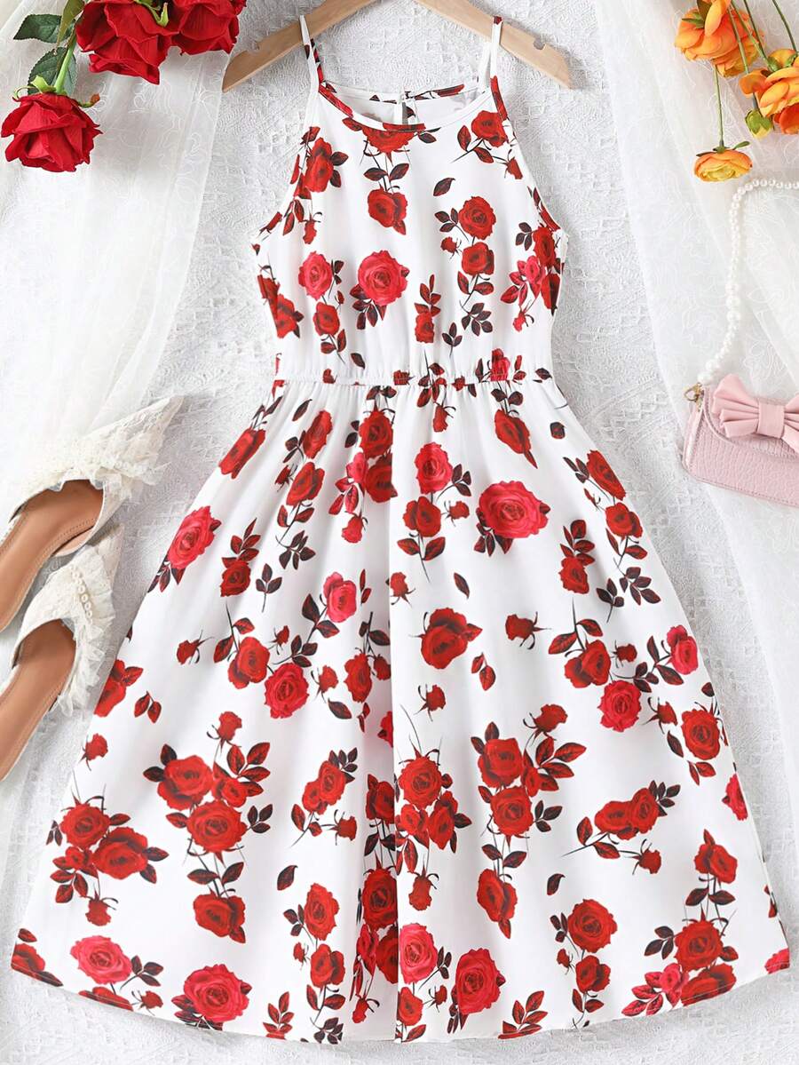 Cô gái Hoa hồng In Dây đeo Mì Ý  Đầm - Đỏ - Xem 1