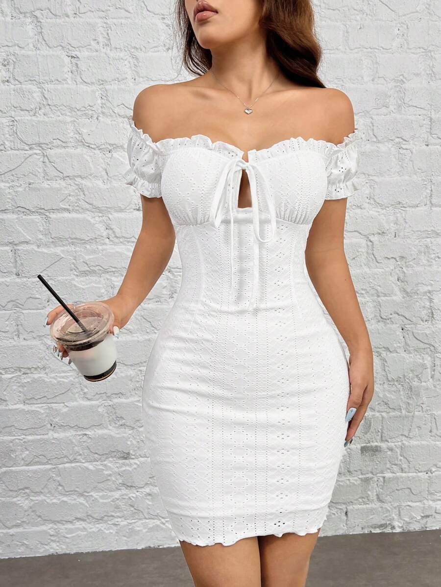 SHEIN EZwear White Off Shoulder Bodycon Dress - White - View 1