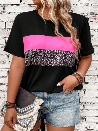 EMERY ROSE 大码女式豹纹拼布短袖 T 恤、猎豹印花 T 恤、夏季上衣
