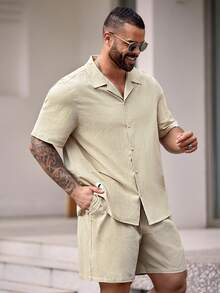 Manfinity Homme 男士大碼編織休閒短袖2入組套裝 - 卡其色 - 查看 5