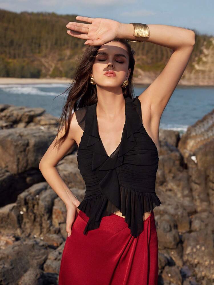 Solid Color Ruffled Hem Halter Neck Backless Top